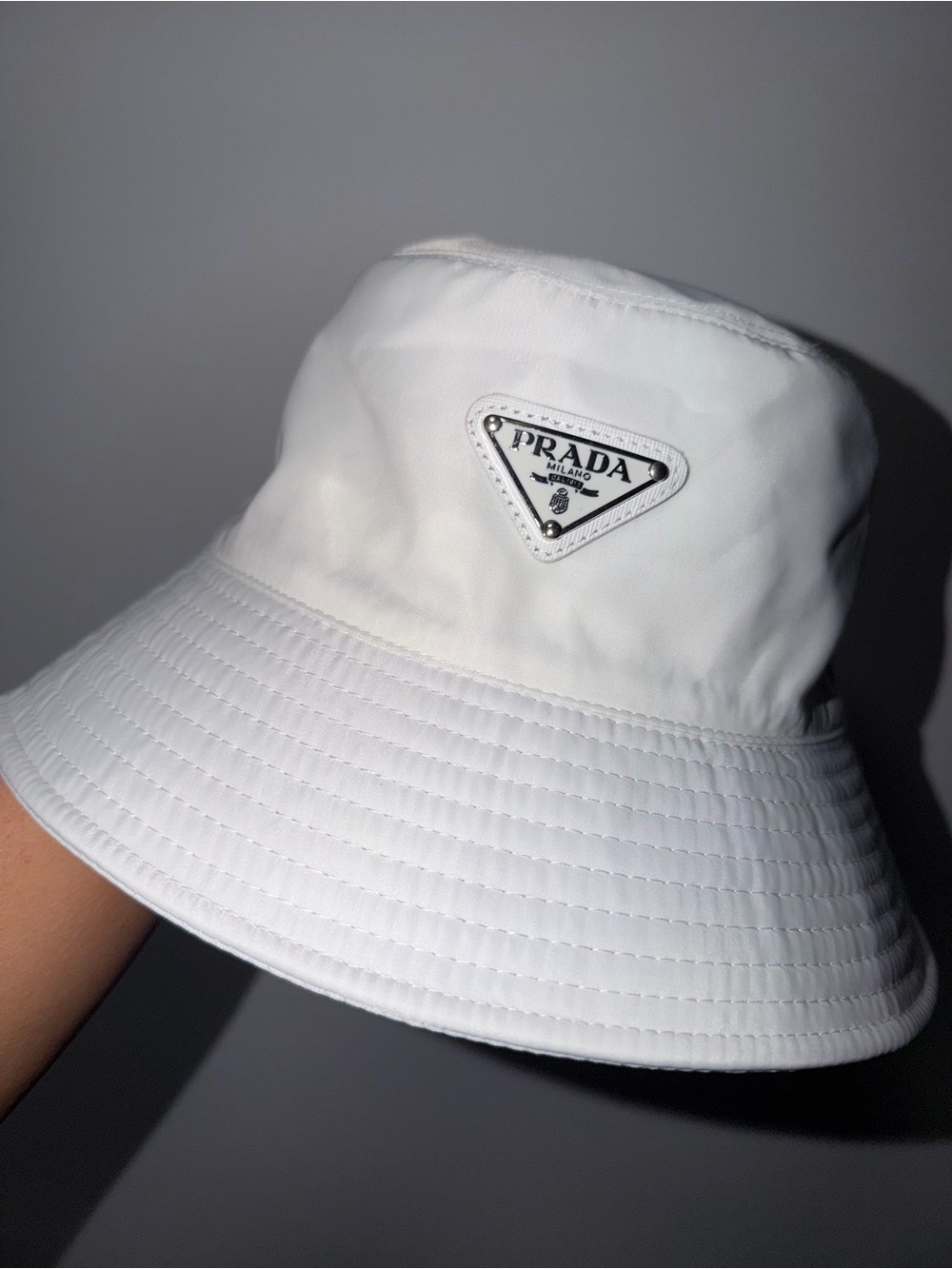 Prada White Nylon Bucket Hat with Triangle Logo